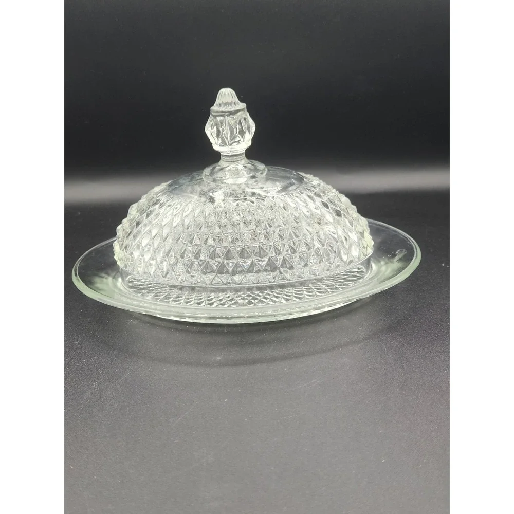 Vintage Indiana Glass‎ Diamond Point Oval Covered Butter Dish Clear Domed Lid